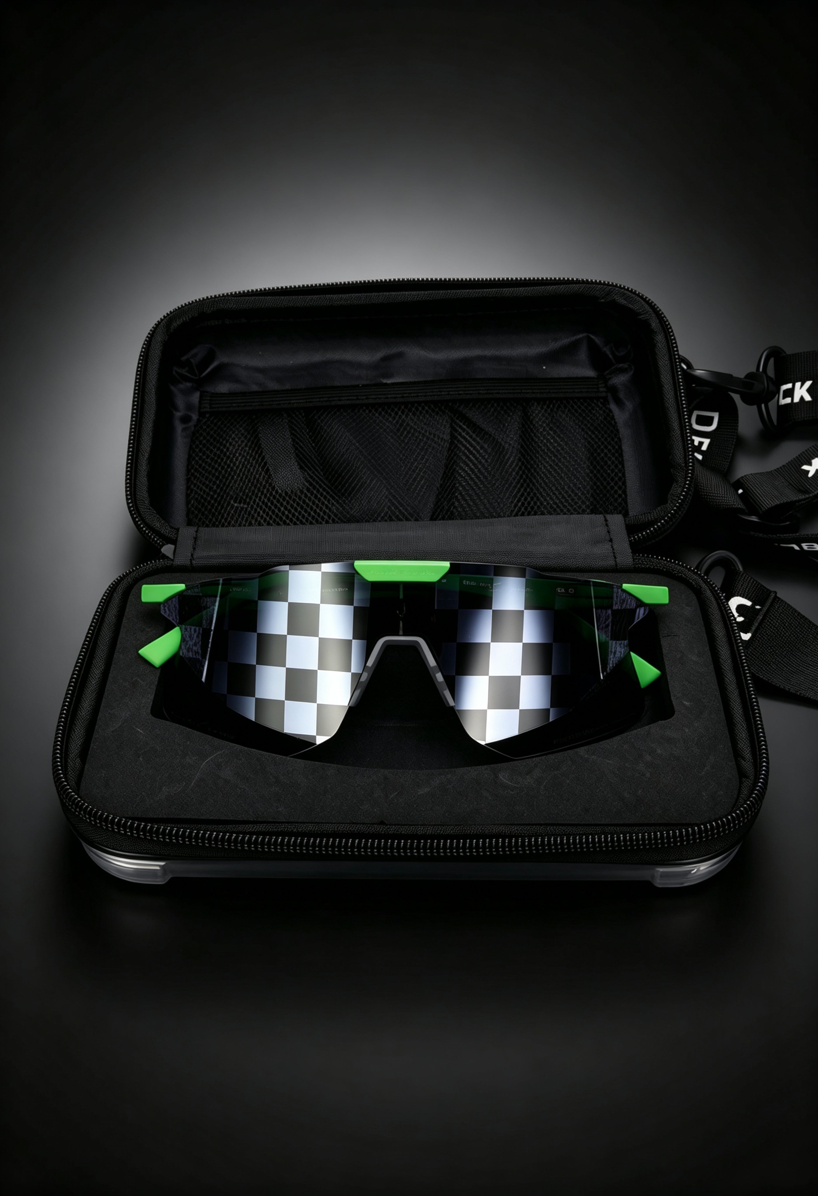 Sport case interior showing green sunglasses